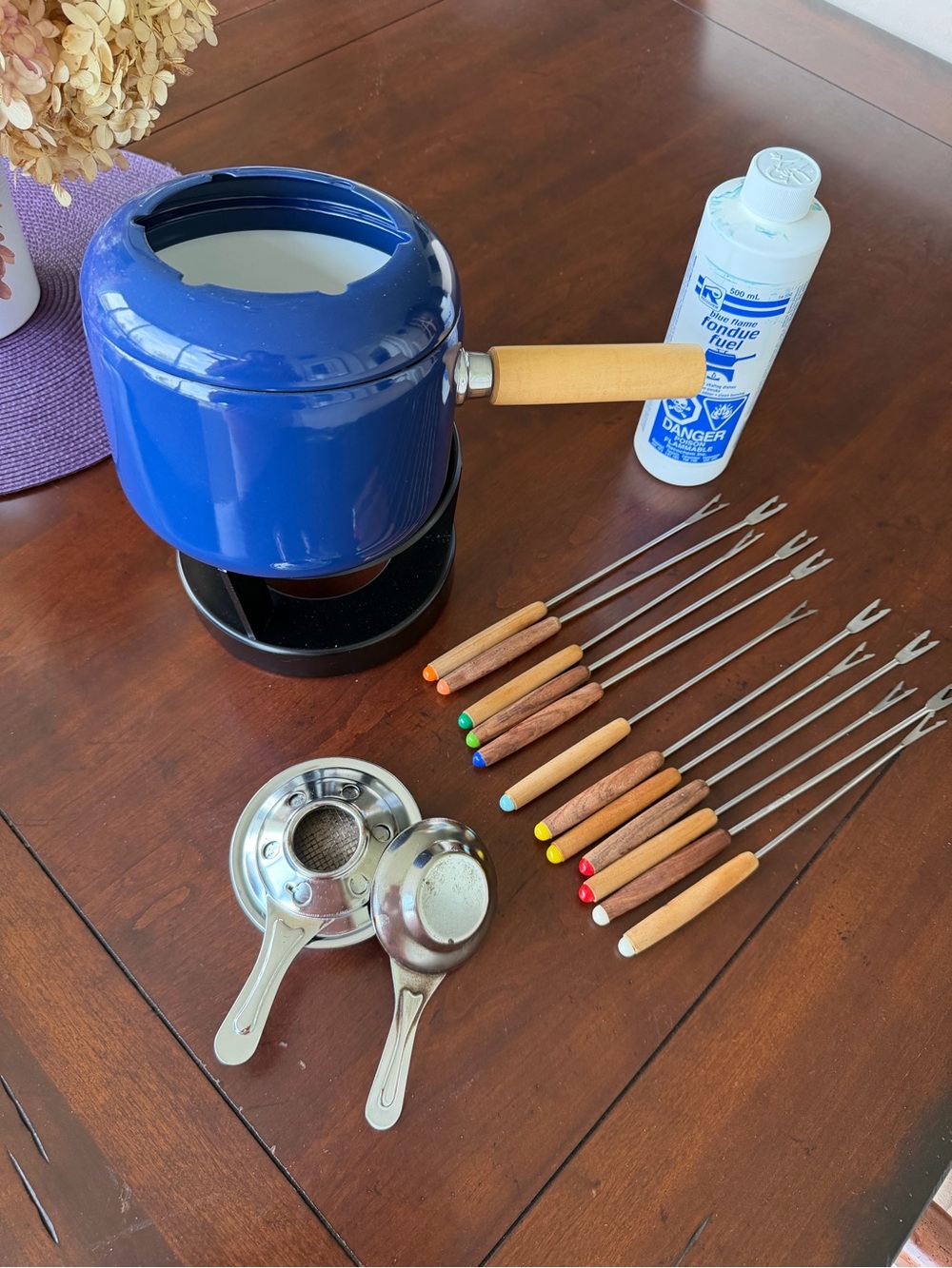 Blue Enamel Fondue Pot Set with Wooden Handle